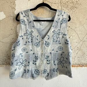 Vintage Christopher & Banks Embroidered Floral Vest Summer Cotton Light Blue